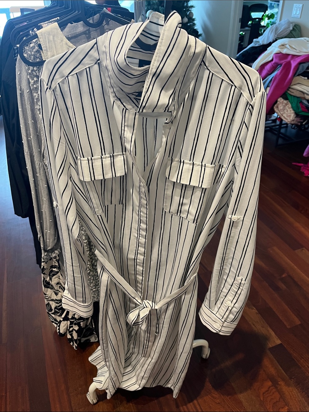 Who What Wear White Button-Down Shirt Dress with Black Stripes
